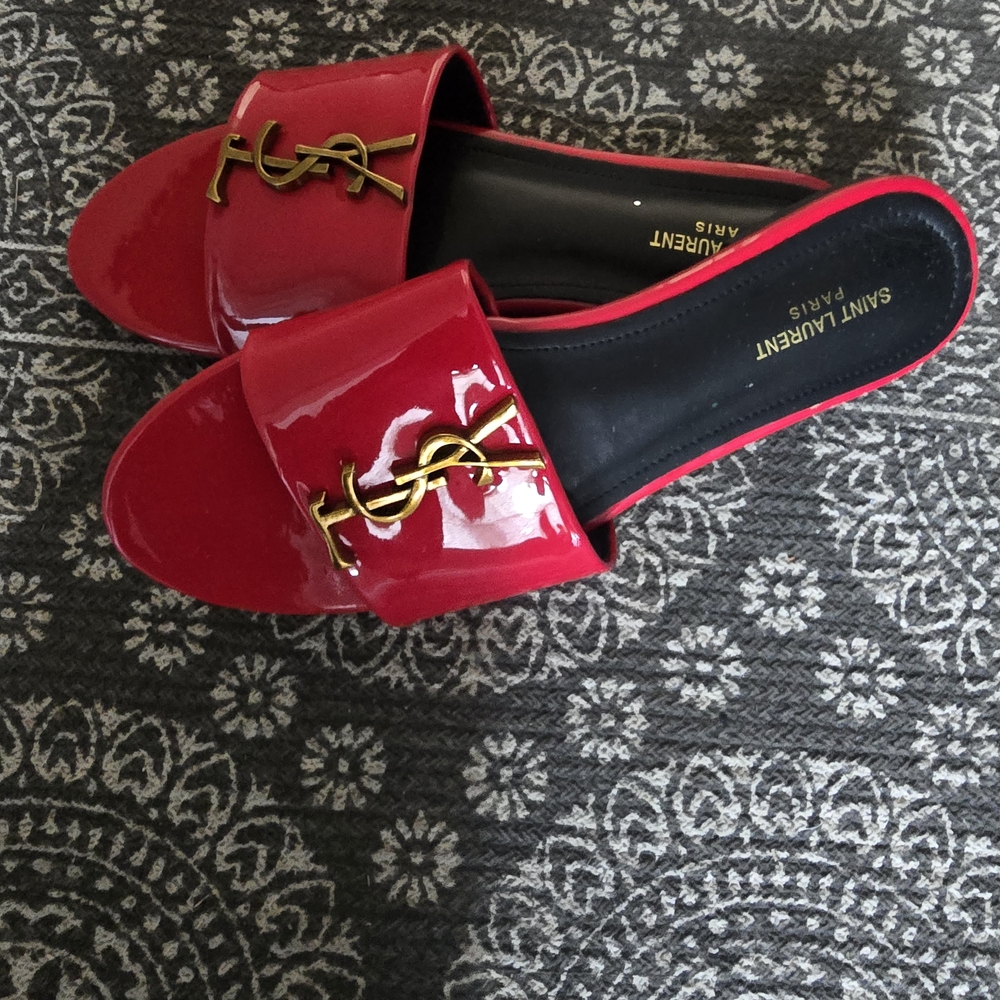Saint Laurent Glossy Red Sandals with Gold Accents